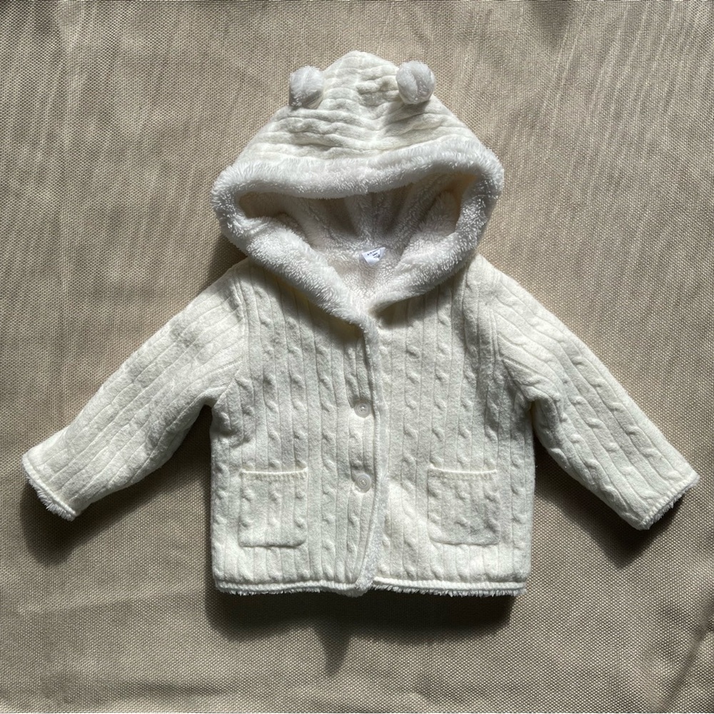 Baby Gap 6-12m CashSoft Cozy Bear Cardigan Cream Sherpa Cable Knit Soft Cozy